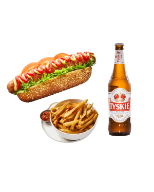 Kielbasa Hotdog + 500ML Polish Beer & Hot Chips